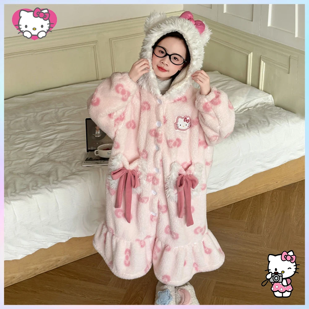 Winter Kawaii Hello Kitty Kids Plush Pajamas Robe Anime Cartoon Teen Girl Y2K Coral Fleece Warm Hooded Nightgown Robe Home Wear