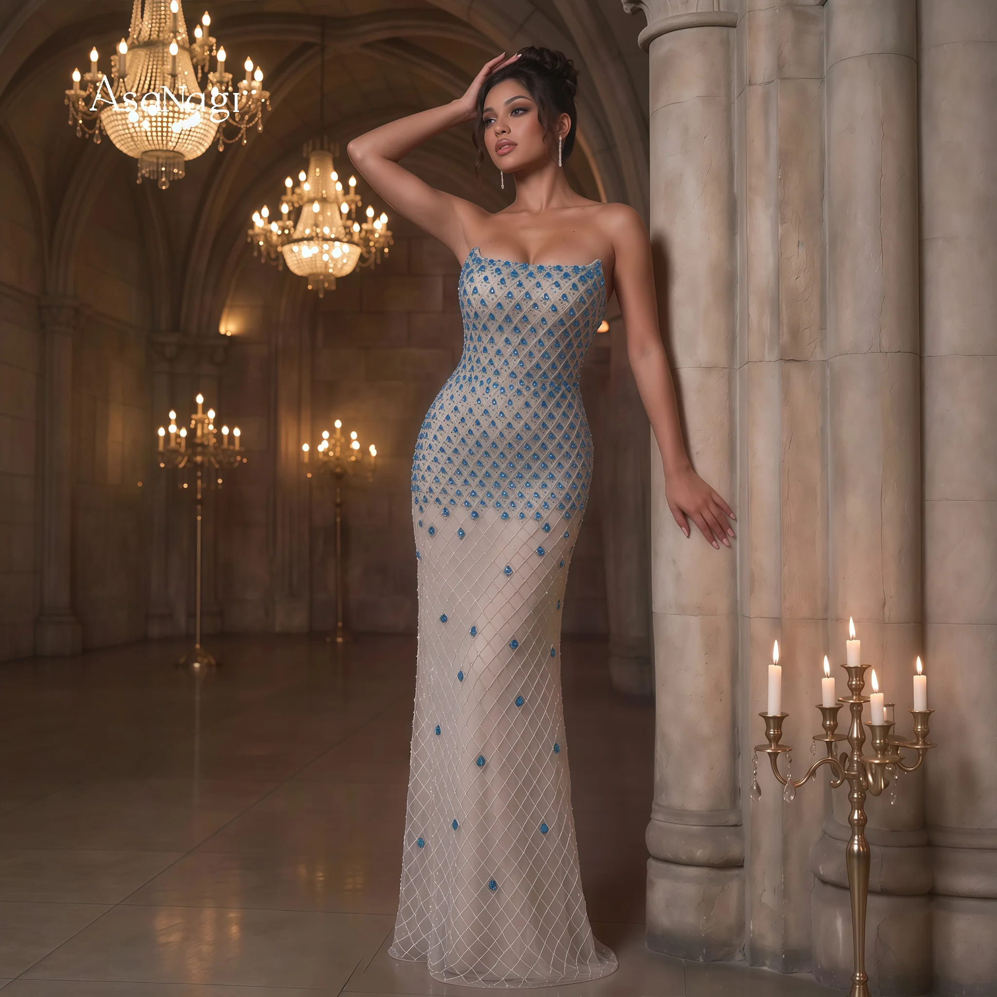 Glam Gala Mermaid Party Dress Strapless Nude Mesh Gradient Blue Rhinestone Embellished With Flowing Satin Shaw
