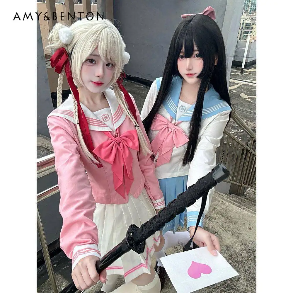 

Комплект из двух предметов: топ с длинными рукавами и плиссированная юбка в японском студенческом стиле, милый темно-синий воротник, костюм для косплея школьницы JK