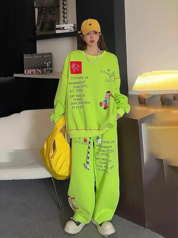 Spring Printed Letter Crew Neck Sweatshirts and Sweatpants Two-piece Sets Women Outfits Casual Sports Suit Loose Pant Sets