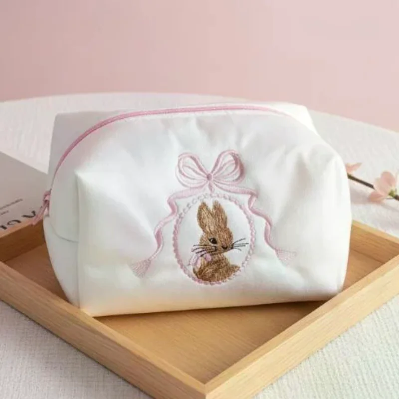 Rabbit Cosmetic Bag Lace Bow Large Capacity Makeup Organizer White Pink Zipper Travel Toiletry Bag