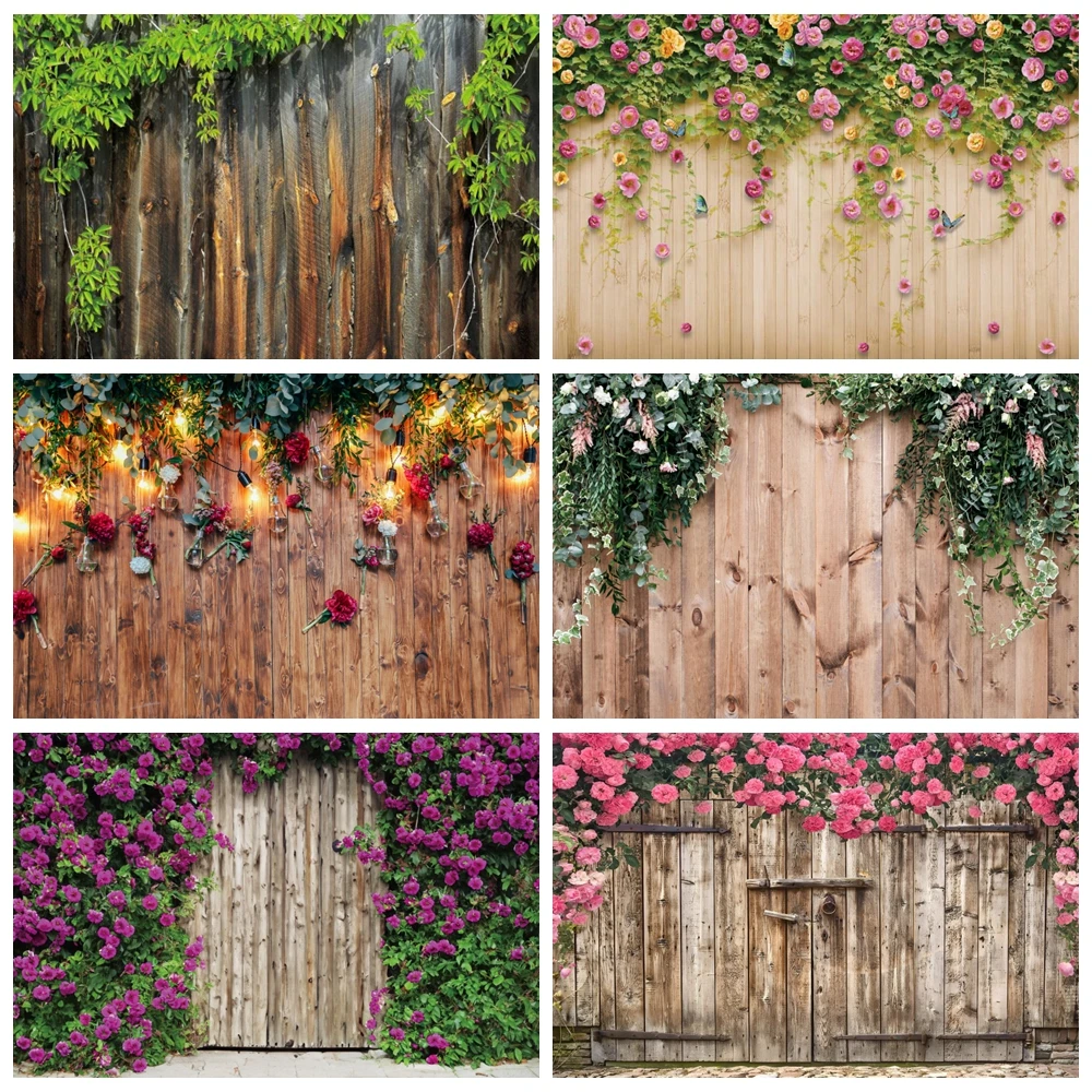 

Rustic Wooden Board Flower Wall Photography Backdrop Baby Shower Birthday Party Decor Kids Pets Portrait Background Photo Studio