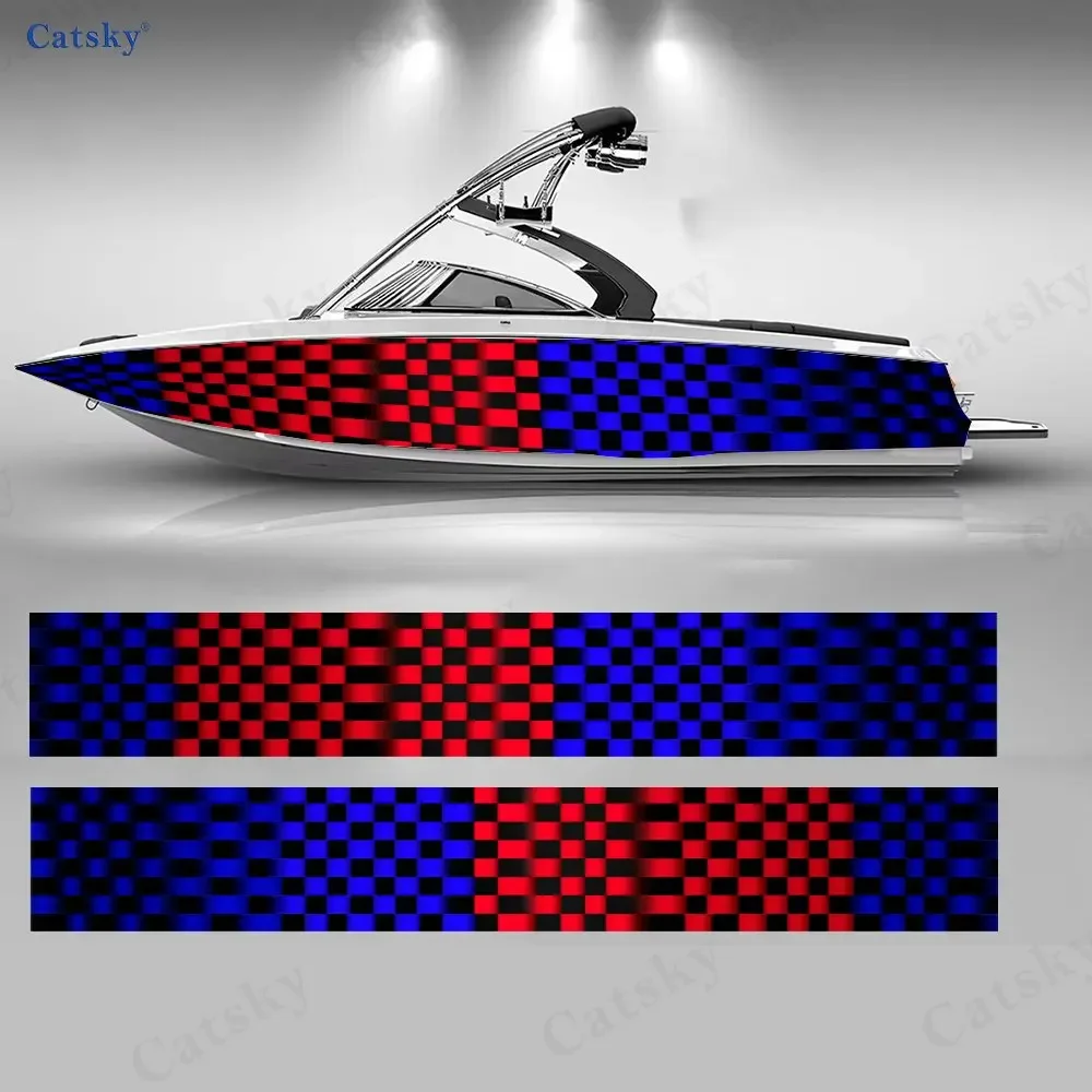 2Pcs Red & Blue Gradient Checkerboard Boat Stickers, PVC Waterproof Vinyl Wrap Decals for Fishing Boats, Durable Stylish Design