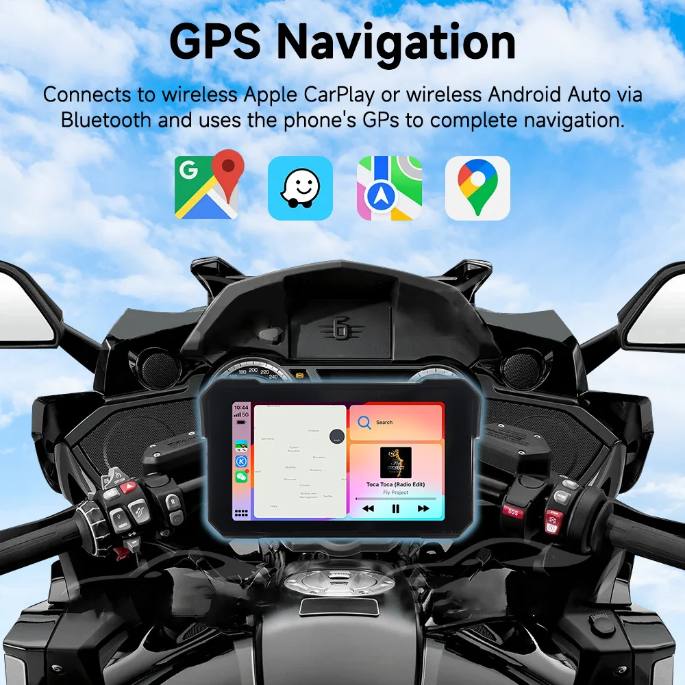

5" Motorcycle Portable Navigation GPS Wireless Carplay Android Auto Multimedia Player IPX8 Waterproof Display Screen Bluetooth