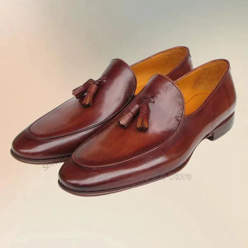 

Brown Tassels Decor Gradient Color Penny Loafers Fashion Slip On Men Shoes Luxurious Handmade Party Feast Office Men Dress Shoes