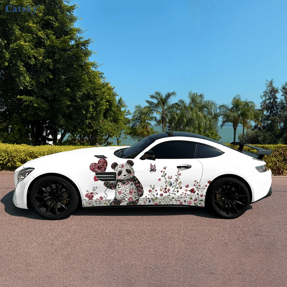 Cute Panda Flower Pattern Car Side Sticker Decor, PVC Waterproof Scratch Resistant Decal, Car Protection, Auto Accessories Gift