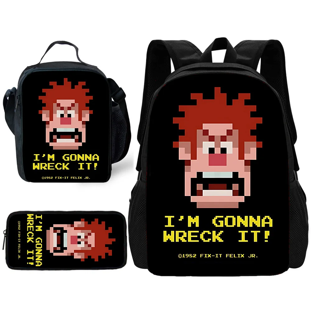 Wreck-It Ralphs Child School Backpack with Lunch Bags ,Pencil Bags ,School Bags for Boys Girls Best Gift