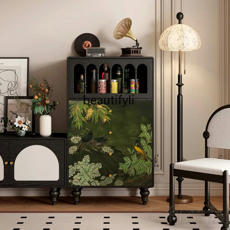 

American retro style solid wood dining side cabinet flower and bird four chest cabinet living room kitchen storage cabinet