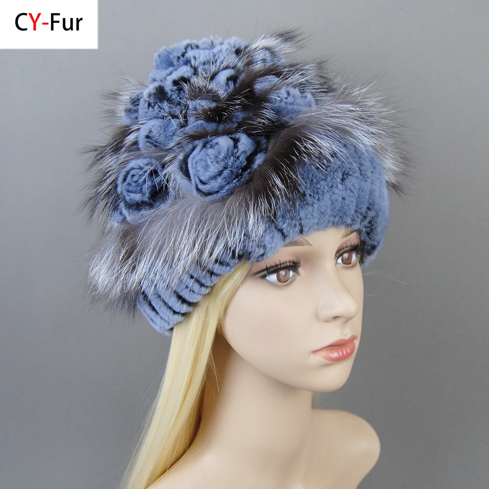 Women's Winter Fur Hat Natural Fur Knitted Real Rex Rabbit Fur Hats New Style Luxury Women Winter Silver Fox Fur Hat beanies