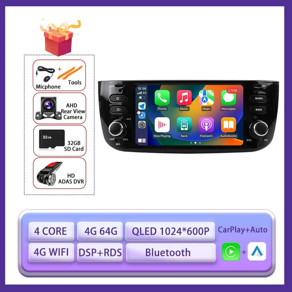 6.2 "Android 15 Auto Carplay Radio Voor Fiat Linea Punto EVO 2012-2015 Stereo Autoradio Multimedia Speler GPS Navi scherm Gereedschap - afbeelding 1