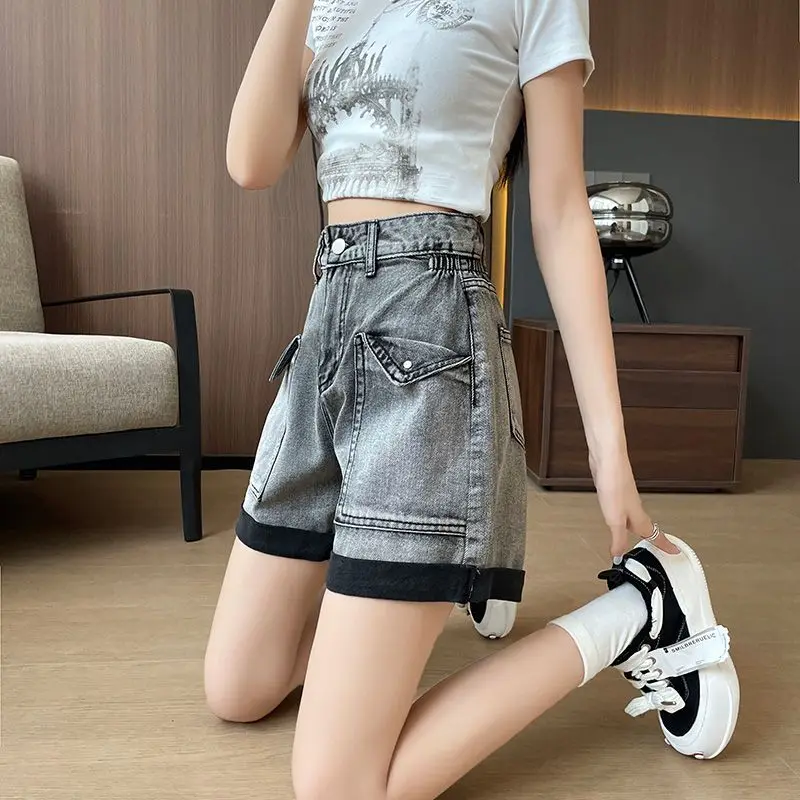 High-Waist Curled Wide-Leg Denim Shorts Women Spring Summer 2025 New Slim Niche Fresh Loose Design Short Pants