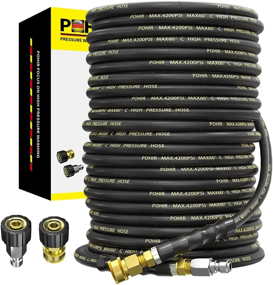 Power Washer Hose 100FT 3/8'' High Tensile Wire Braided Car Wash Water Hose, with 2 Quick Connect Kits Compatible M22 14 mm, 1/4