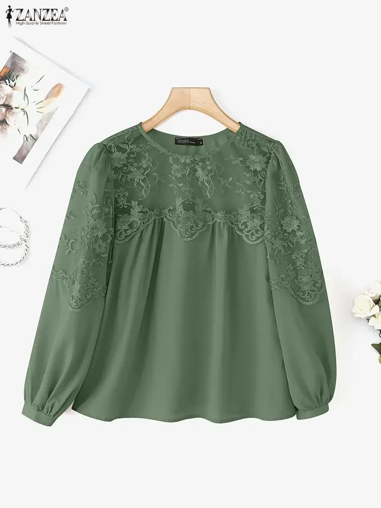 2025 ZANZEA Elegancka damska bluzka z koronką, jesienna koszula patchworkowa, codzienna, modna tunika z falbankami, długi rękaw, vintage bluzki damskie