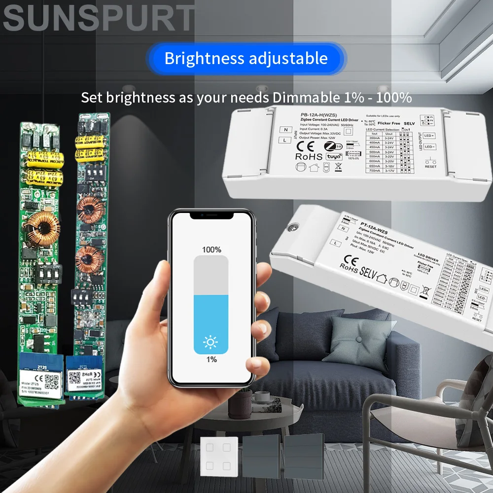 10P 10-42VDC 12W Zigbee 3.0 Constant Current LED Driver 100-700mA/ 2x(150~450)mA for Downlight Spotlight And Smart Curtain Motor