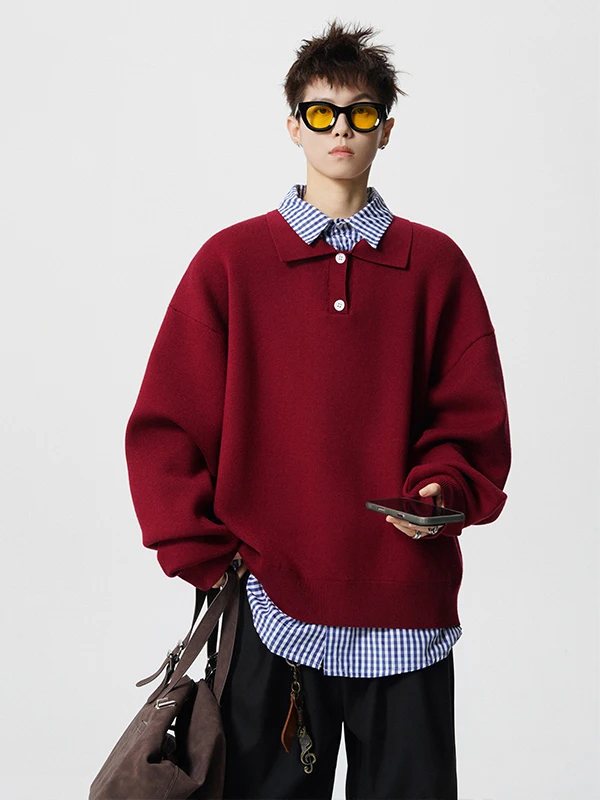 

Красный вязаный свитер с двойным воротником, комплект из двух предметов, повседневная зимняя модная мужская одежда, имитация двухслойности, на Новый год