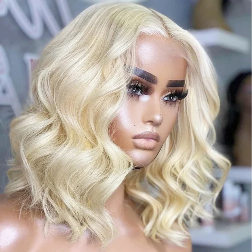 Wig Rambut Pirang Lace Front Lembut Preplucked 14 Inci 180 Density Lurus Sintetis Dengan Baby Hair Tanpa Lem Wig untuk Pemakaian Sehari-hari