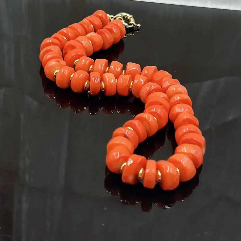 

10-14mm Big Drum Rondelle Natural Sea Bamboo Women Men Jewelry Gift Short Collar Orange Coral Necklace 17-20inch
