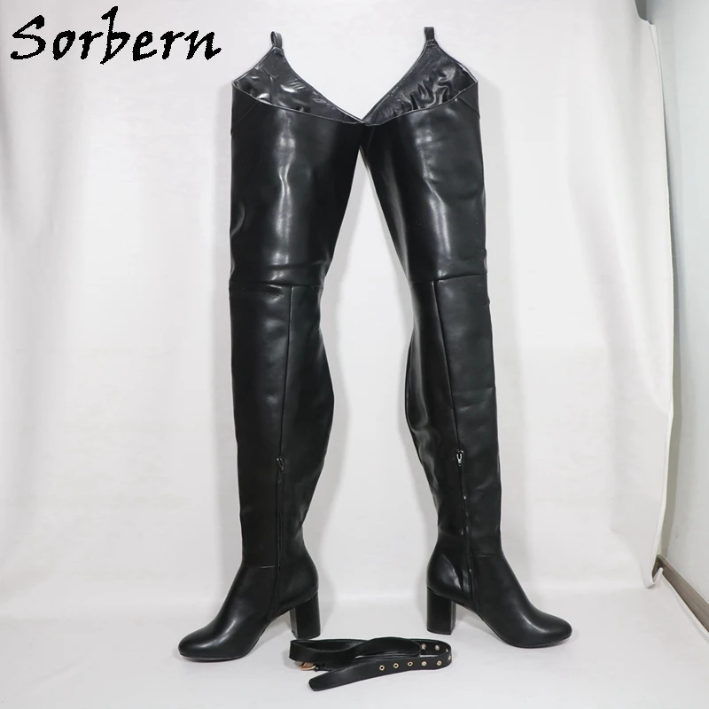 Sorbern Black Crotch Thigh High Boots For Women With Belt Block High Heel Round Toe Fetish Style Boots Custom Leg Width Shaft