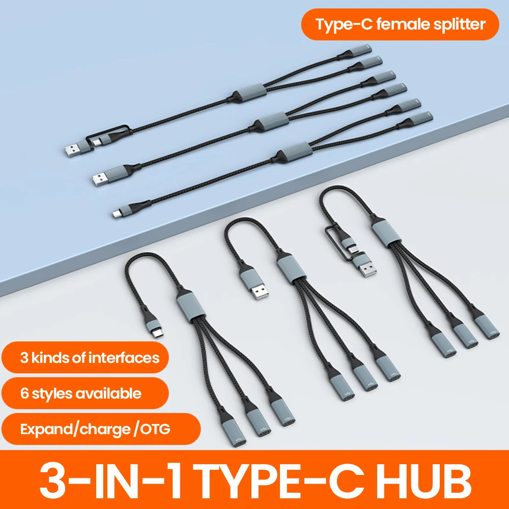 Elough USB to Type-c HUB Charging Cable Transmission Splitter Adapter OTG Computer Docking 3 in 1 Type-c Port HUB