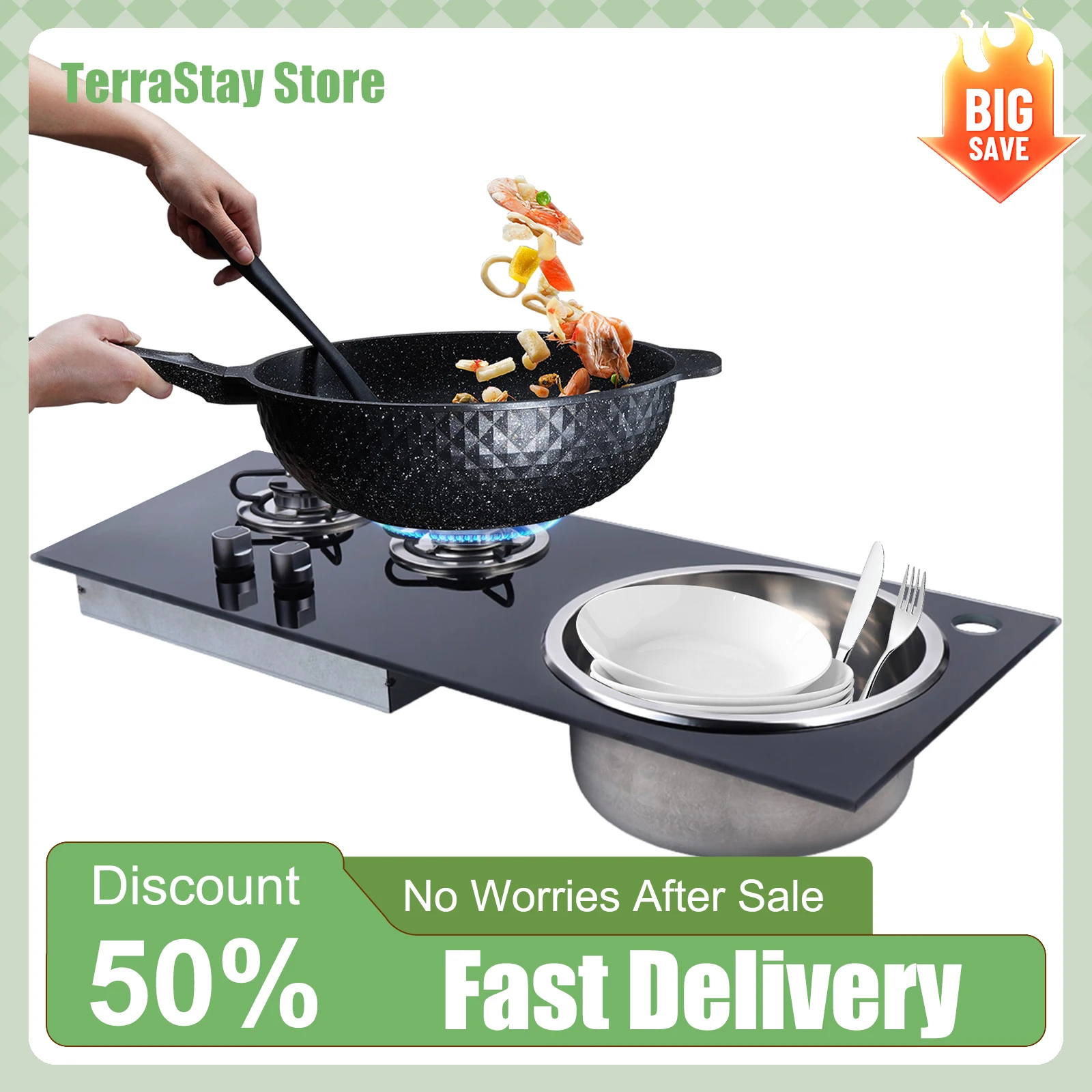 موقد غاز لـ RV 2-in-1 موقد بالوعة حماية من فشل اللهب 2-level التحكم في الحرائق كفاءة انفصال رف أوعية غاز البترول المسال متوافق #1