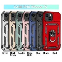 Case For iPhone 15 Pro Max Plus Military-grade sliding window case with bracket Slide Lens Protect Shockproof Armor Phone