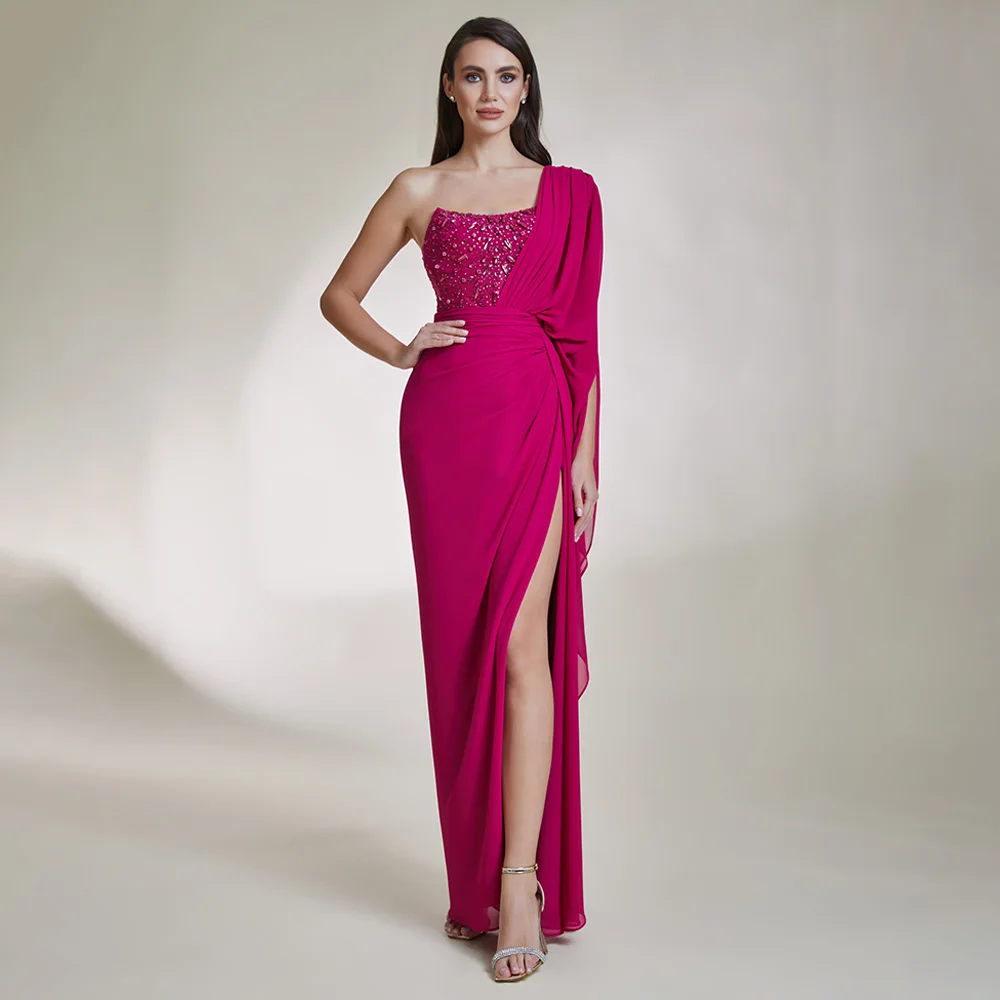 

Luxury Evening Dress Fuchsia Chiffon One Shoulder Column Gowns Long Crystals Side High Slit Women's Prom Dresses 2023