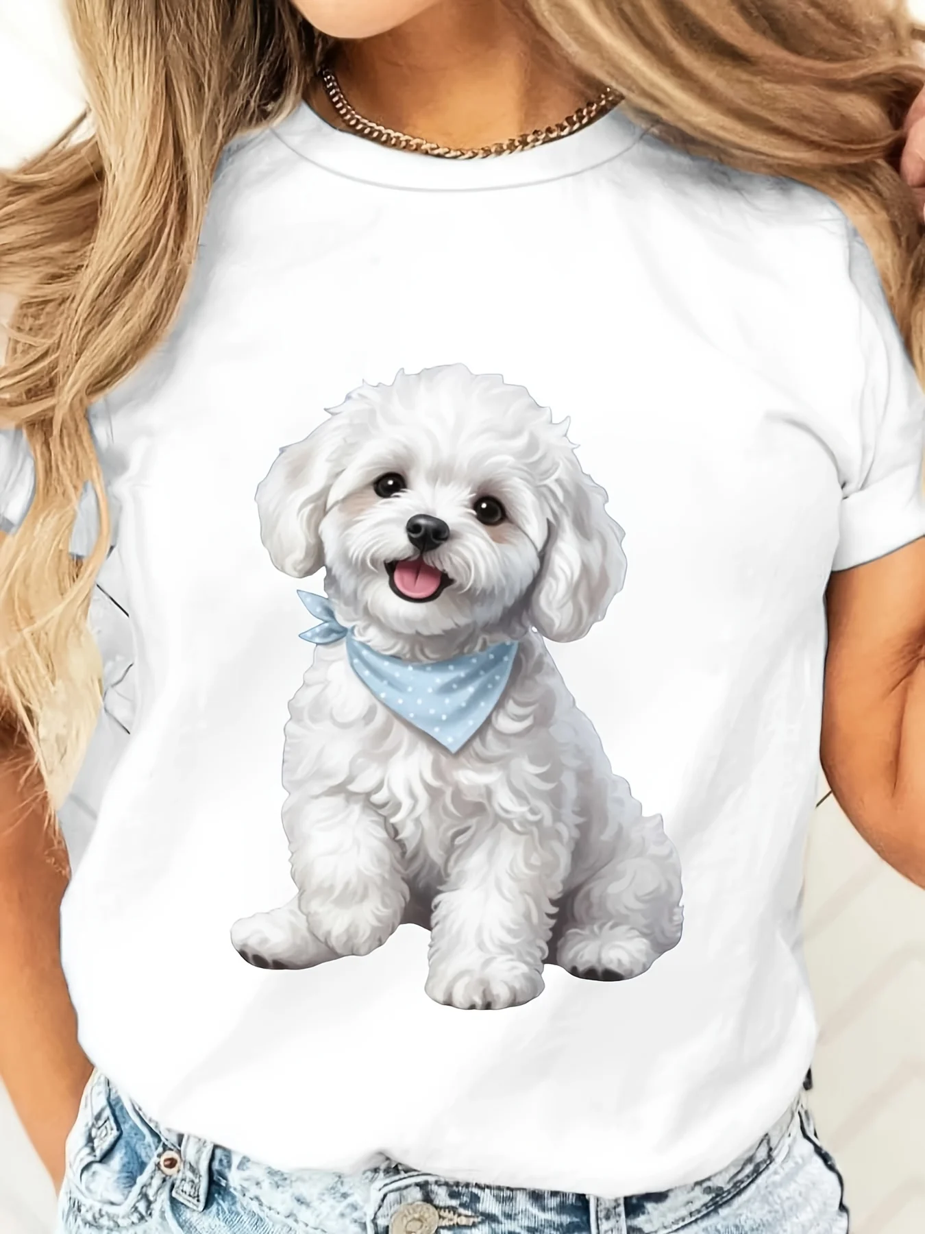 Cute White Puppy With Blue Bandana Print, T-Shirt, Pet Lover Gift, Casual Daily Wear