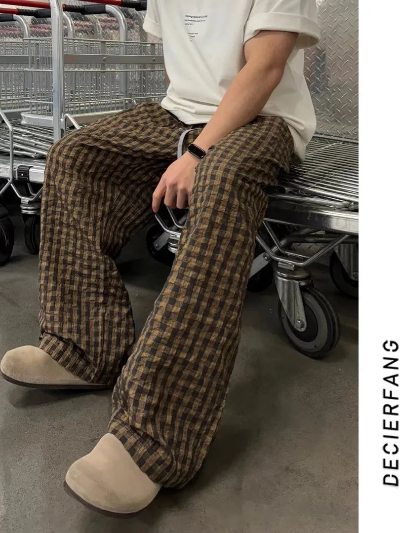 

plus Size American Retro Bubble Cloth Plaid Wide Leg Pants Men's Summer Loose Lazy Sle Casual Trousers Straight Cut High Wa...