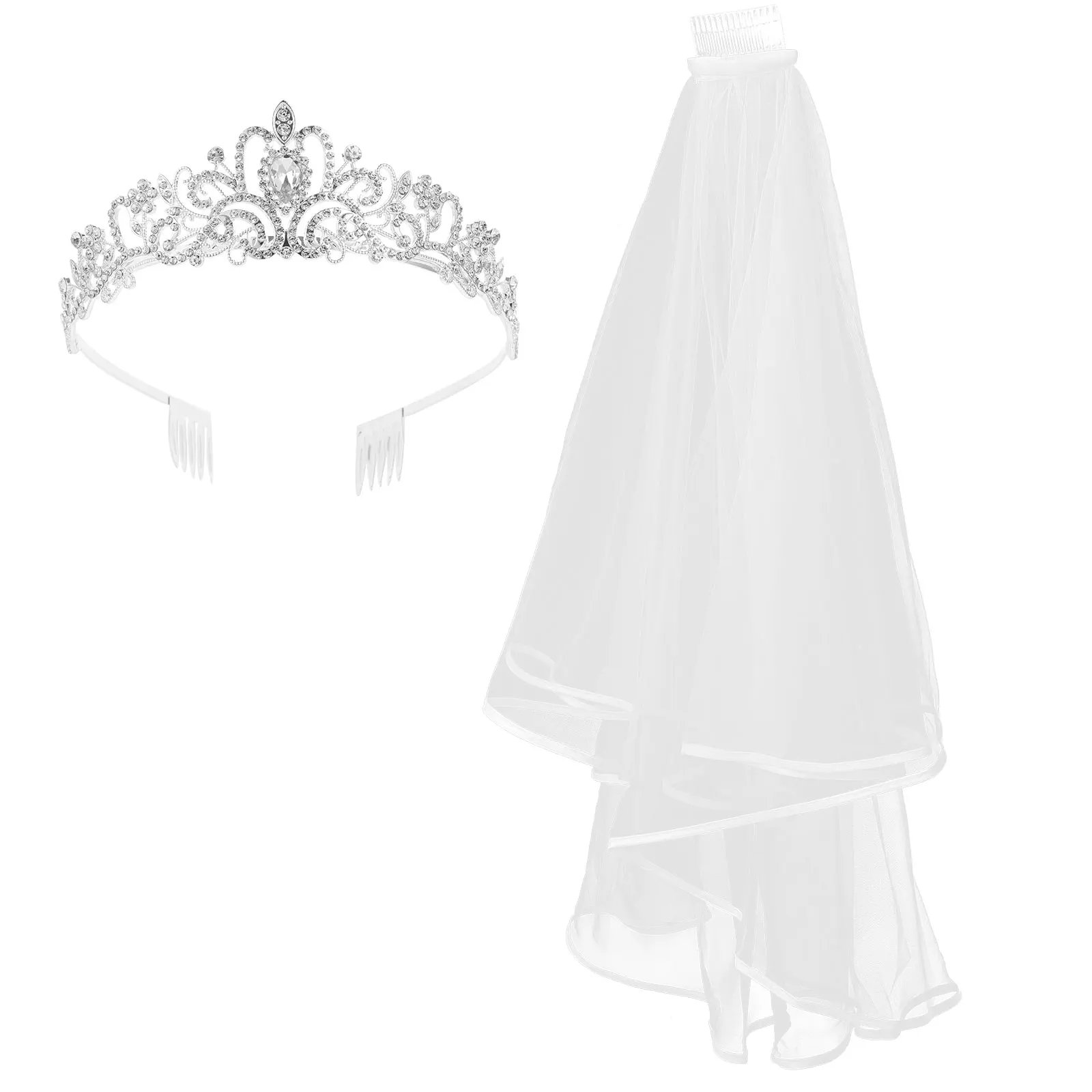 

1 set Crown Rhinestone Tiara Wedding Crown With Veil Prom Party Wedding Headdress Accessories Women Headband Elegant