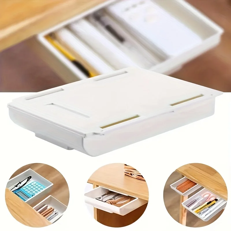 Caixa De Gaveta De Armazenamento Auto-adesiva, Bandeja De Lápis De Maquiagem, Mesa Escondida Sob Suporte De Mesa, Branco Auto-adesivo Sob-gaveta Caixa De Armazenamento, 1Pc