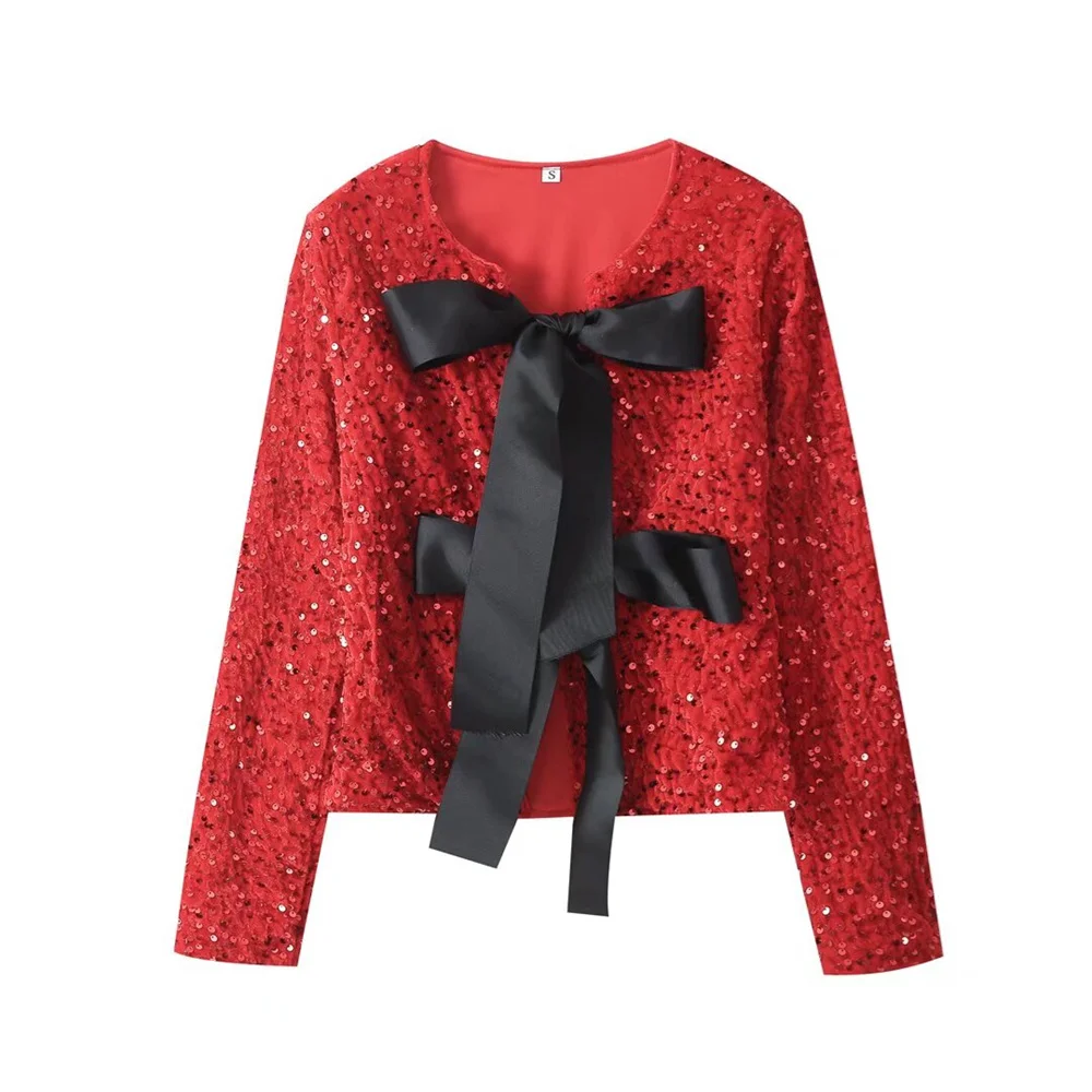 Taop&Za 2024 Early Spring New Product Women\'s Fashion and Casual Versatile Round Neck Bow Tied Sequin Coat