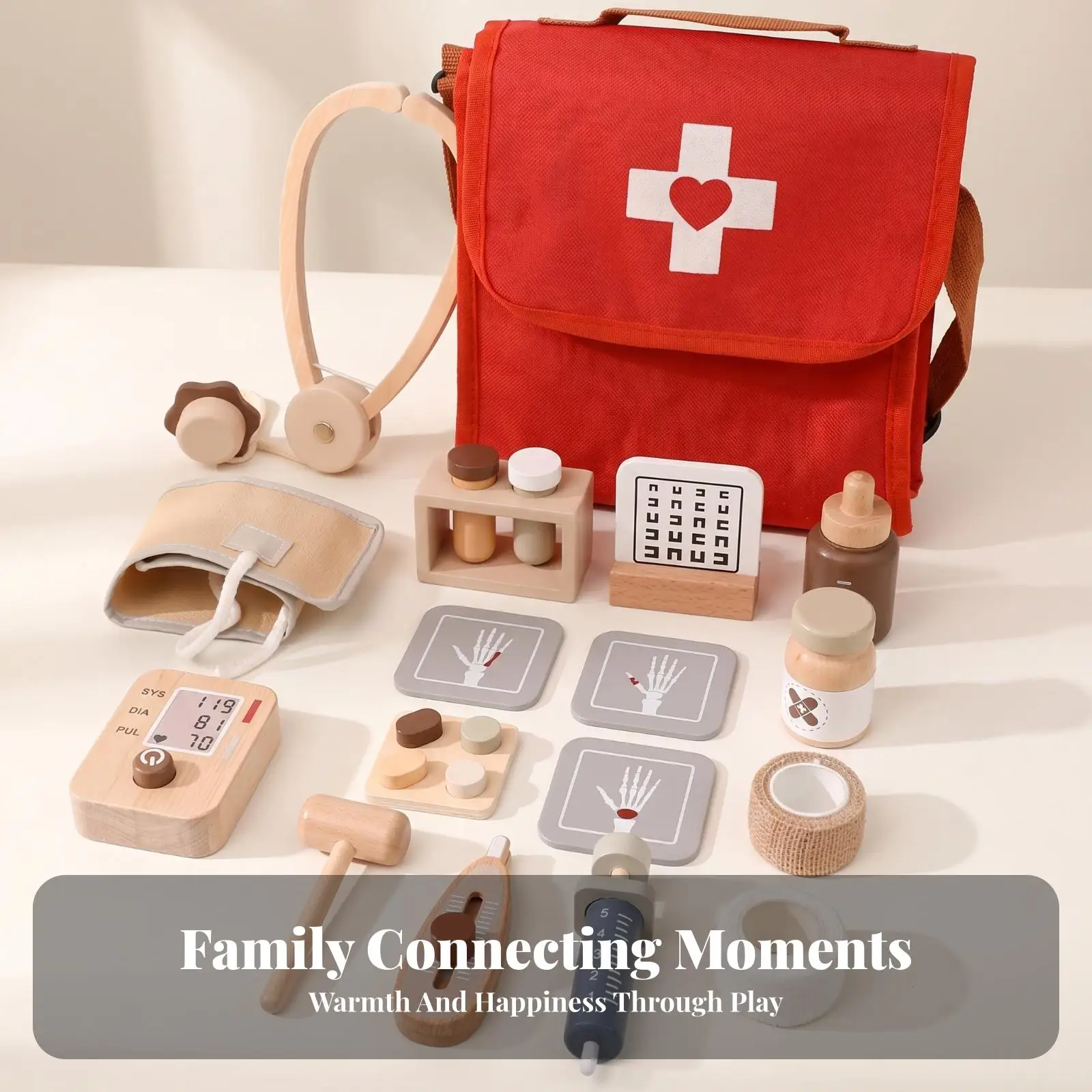 Wooden Medical Backpack Toy for Children Doctor Pretend Play Kit with Accessories Kids Role Play Hospital Game Set