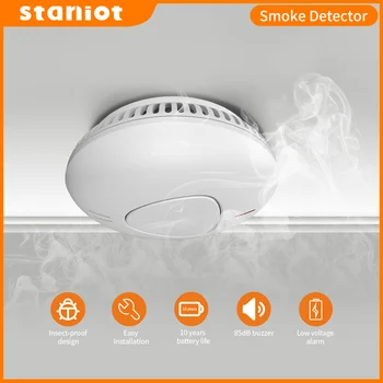 10 years battery life smoke detector fire alarm smart home security photoelectric sensor with 85db high decibel EN14604 certified, support low voltage alarm, insect proof design