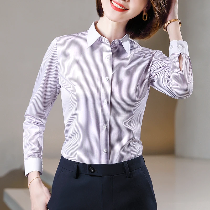 Lenshin Dropship Striped Shirts for Women Long Sleeve Blouse Work Wear Office Lady Female Tops Chemise Contrast Collar 6XL