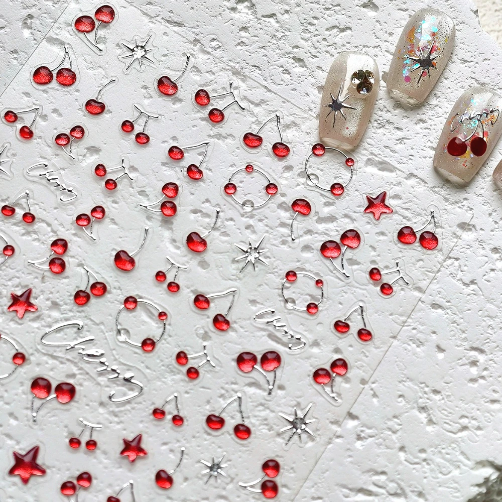 

Lovely Red Jelly Cherry Silver Stamped Stars 3D Self Adhesive Nail Art Stickers Fruits Pudding Cute Manicure Decals Wholesale