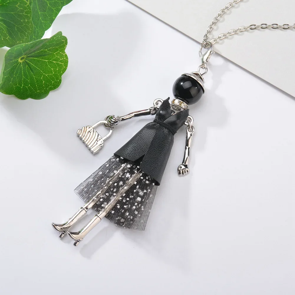 New Leather Clothing Fluffy Skirt Beads Doll Pendant Necklace For Women Sweater Chain Girl Necklaces Fashion Charm Jewelry Gift