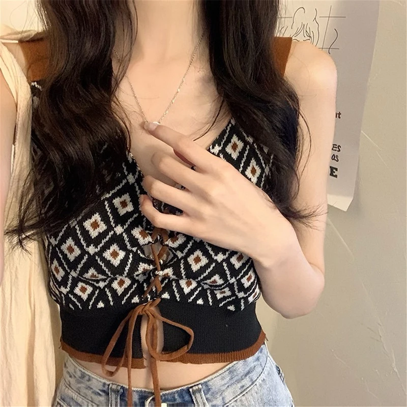 

Women V-Neck Sling Vest Short Tops Retro Style Base Shirt Waist Lace Up Knitting