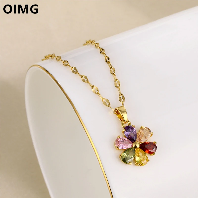 OIMG 316L Stainless Steel Light Luxury Colorful Rhinestone Flower Pendant Necklace For Women Wife Festive Gift