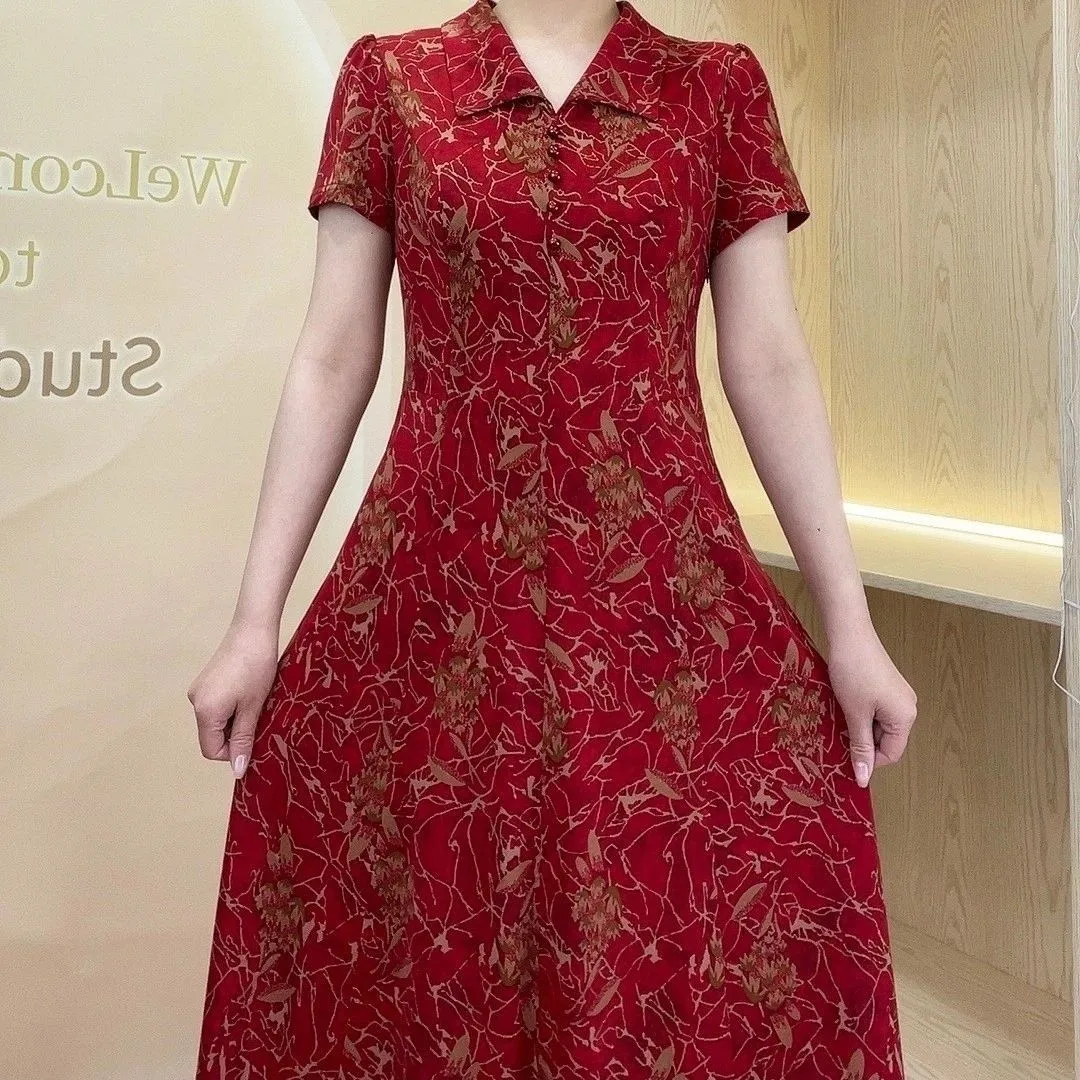 

New Simple Casual Summer Pocket Dresses For Women Fashion Lapel Floral Printe Elegant Party Midi Dress Slim Female Clothing