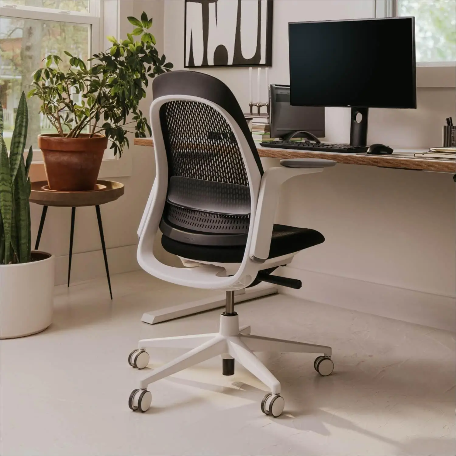 Ergonomic Desk Seat with Height-Adjustable Lumbar Support, White Trim, Duo-Tone Hard Casters,and 4D-Arms (Coal)