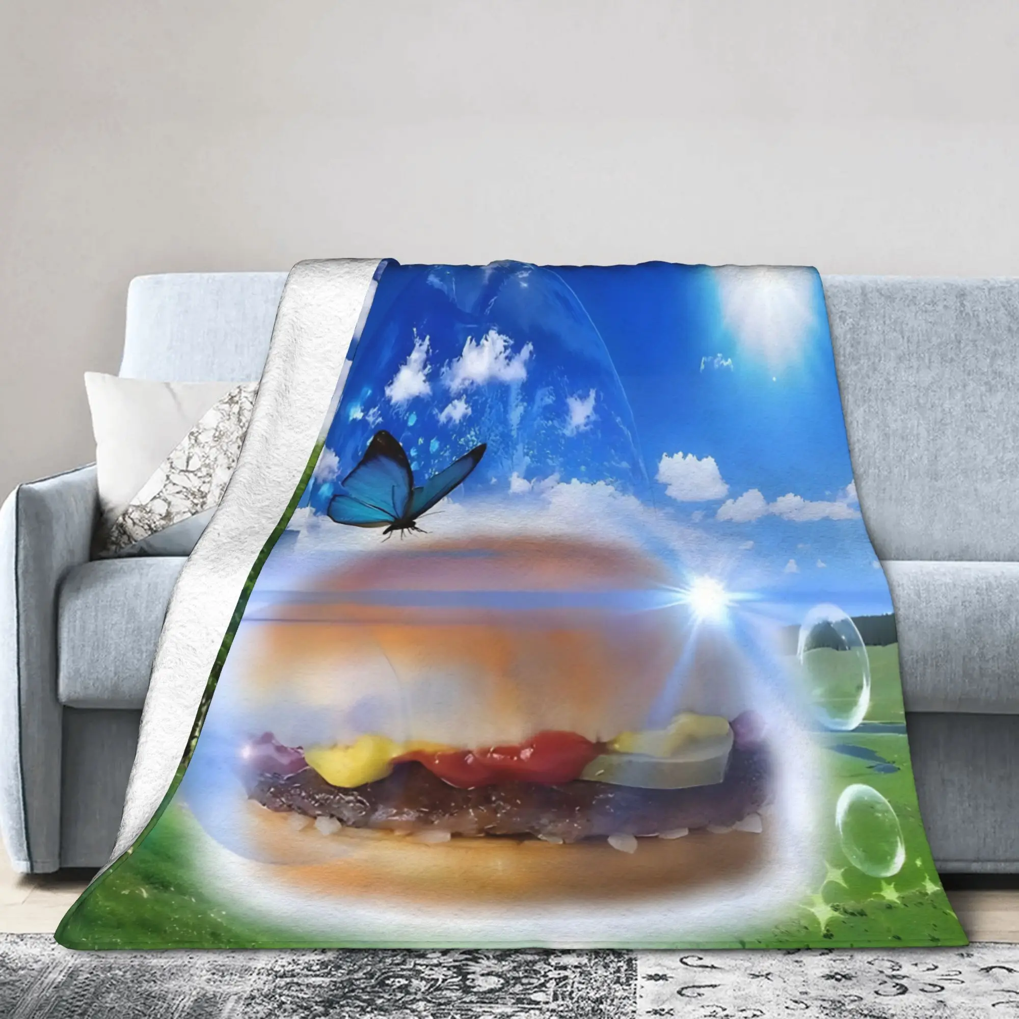 Frutiger Aero Burger and Butterfly Blanket Flannel  Super Warm Throw Blanket for Bed Bed Rug