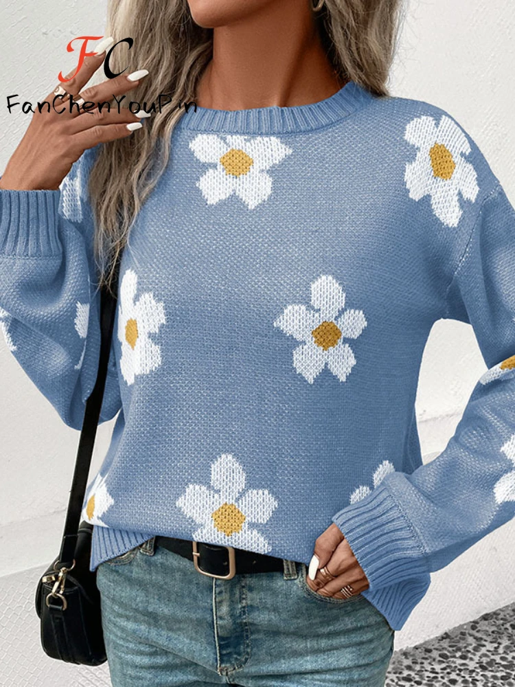 Otoño Invierno nuevo suéter de mujer moda cuello redondo manga larga Top de punto Casual elegante Floral holgado exquisito jersey femenino