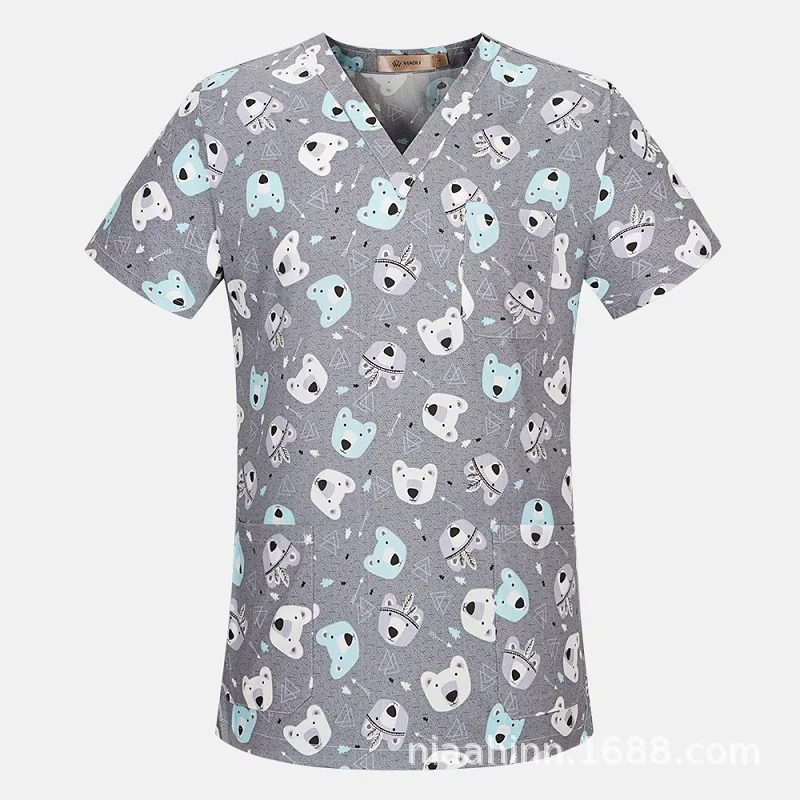 Cotton Print Scrubs Medical Uniforms Women Slim Fit Surgical Tops Doctors Dental Clinic Beauty Salon Pet Shop Workwear Lab Coat