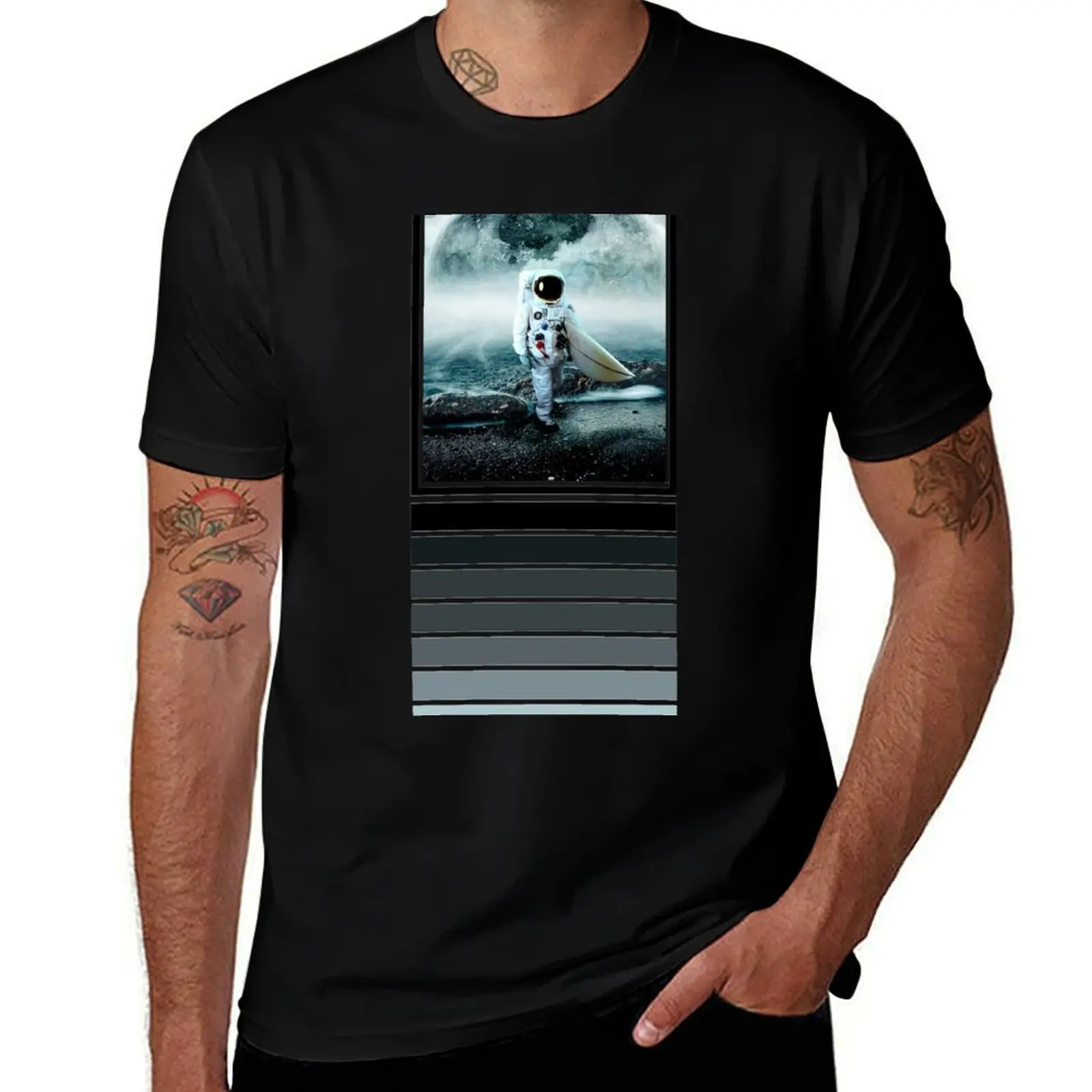 Moon Surfer Astronaut T-Shirt Running Gym Short Sleeve Sports Tee