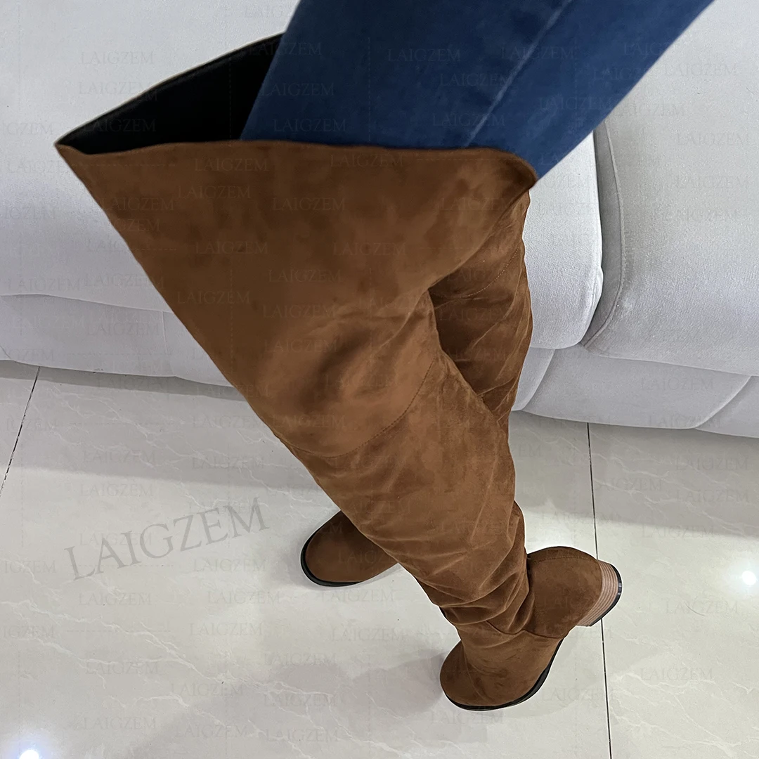 LAIGZEM Women Over Knee Boots Faux Suede Round Toe Side Zip Wide Thigh Friendly Low Heels Boots Shoes Woman Big Size 41 42 47 52