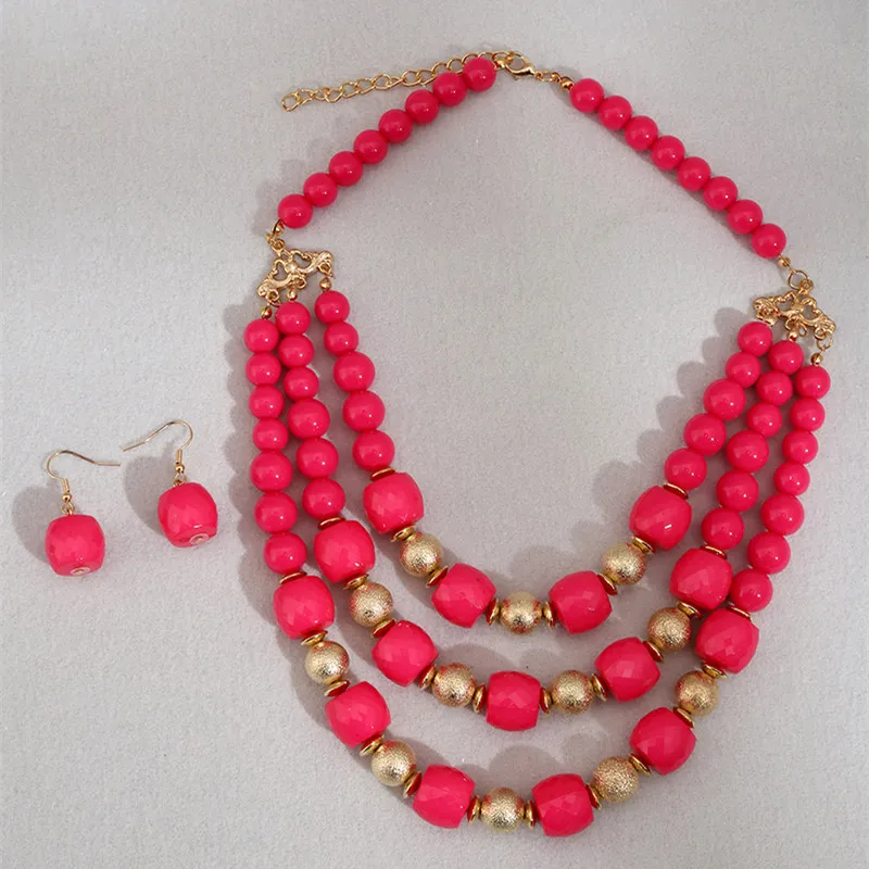 Fashion Jewelry sets Colorful Acrylic Round Beads Multilayer Necklace Earrings Set For Women Bijoux Statement Necklace Jewellery