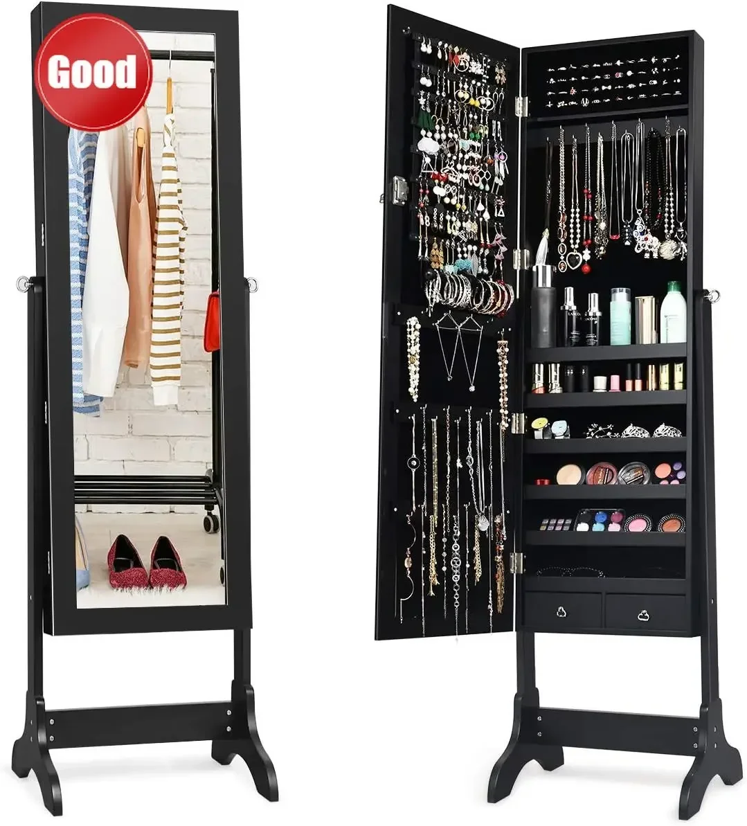Cost-effective Lockable Standing Jewelry Armoire with Full Length Mirror, Large Storage Capacity Jewelry Cabinet Organizer with