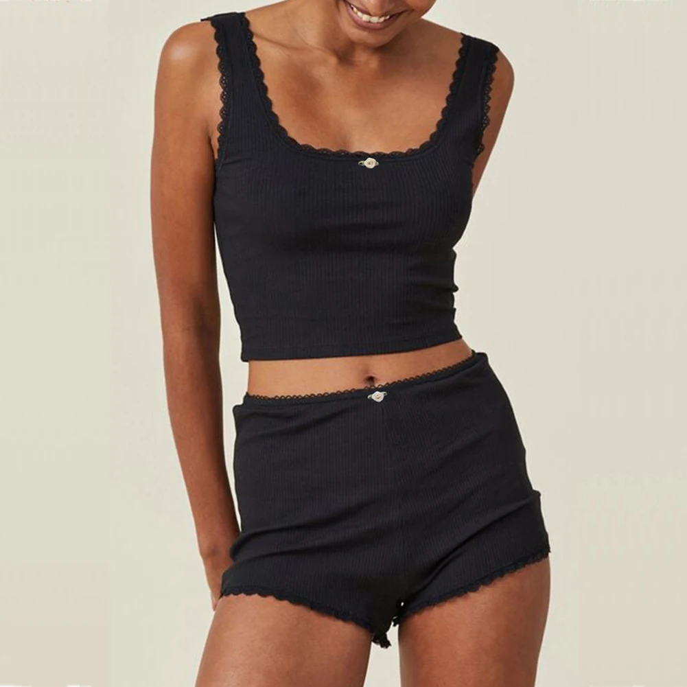 

Elegant Ladies Black Sleepwear Set Lace Edge Scoop Neck Sleeveless Cropped Camisole Top High Waist Lace Trim Shorts Loungewear