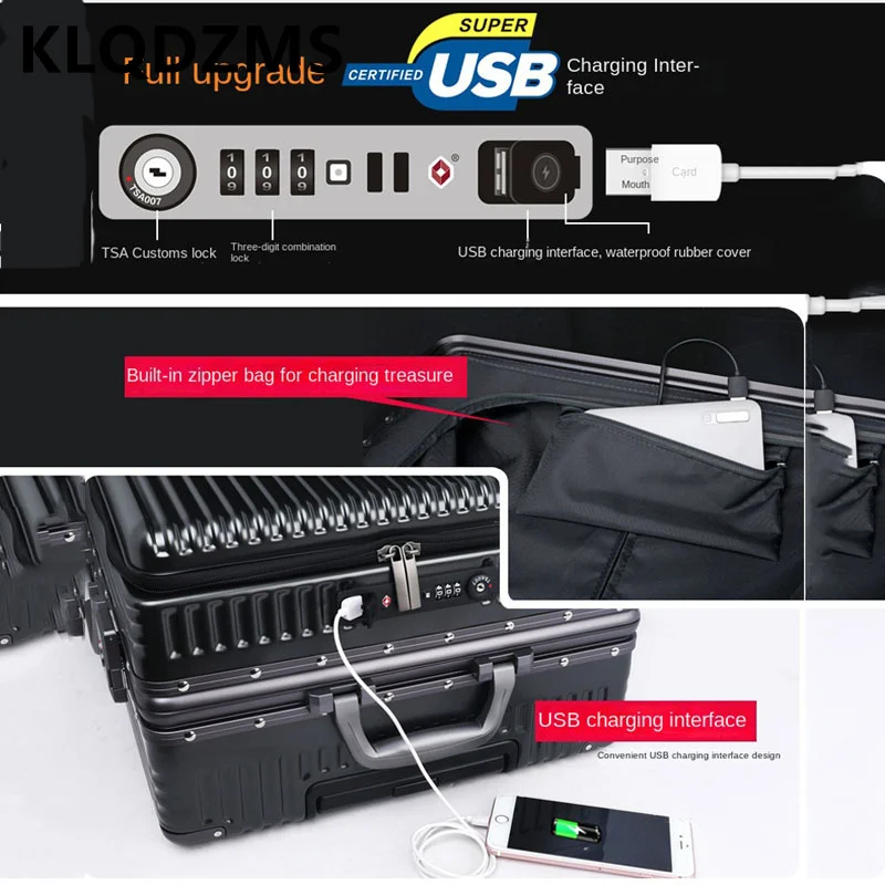 KLQDZMS-Mala de viagem portátil para mulheres, mala de embarque para laptop, mala de bagagem, carregamento USB, abertura frontal 20 ", 22", 24 ", 26"