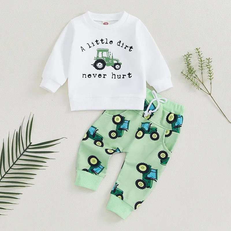 

2024-07-27 Lioraitiin Toddler Baby Boy Fall Outfits Long Sleeve Dirt Tractor Print Pullover Pants Set Warm Clothes